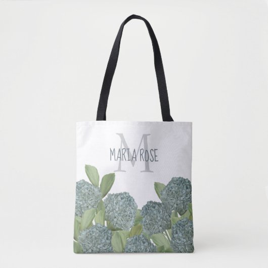 Tote Bag Simple Monogramme Floral Bleu Hydrangée Fleur (Devant)