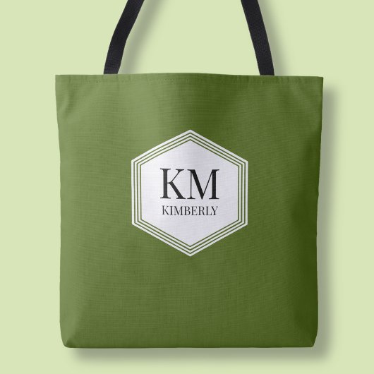 Tote Bag Simple Monogramme Vert Nom Personnalisé Moderne