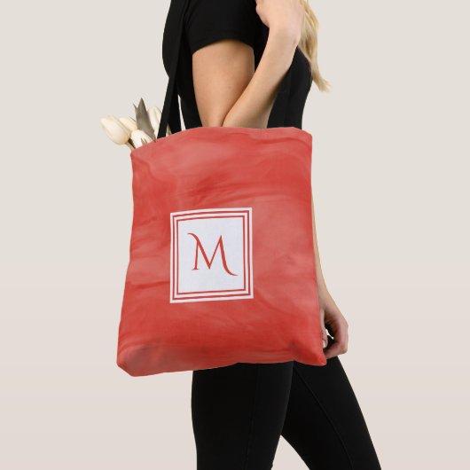 Tote Bag Simple rouge orange subtil marbre moderne Monogram (De près)