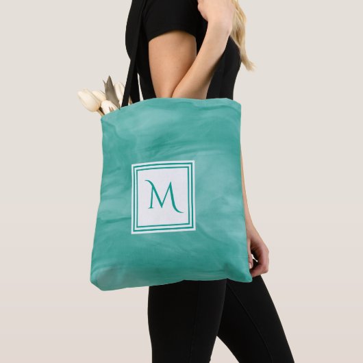 Tote Bag Simple Turquoise Vert subtil marbre Moderne Monogr (De près)