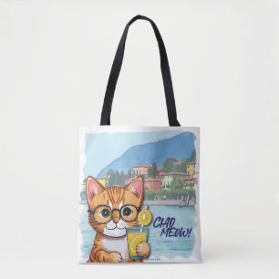 Tote Bag "Sip, Purr & Wander" Belle table orange en vacance