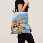 Tote Bag "Sip, Purr & Wander" Belle table orange en vacance (De près)