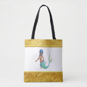 Tote Bag Sirène avec cheveux turquoise et queue (Devant)
