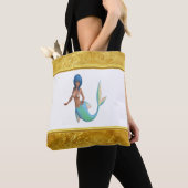 Tote Bag Sirène avec cheveux turquoise et queue (De près)
