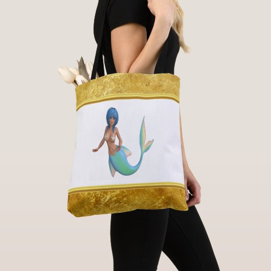Tote Bag Sirène avec cheveux turquoise et queue (De près)