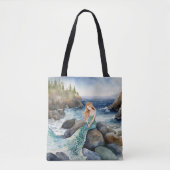 Tote Bag Sirène D'Aquarelle Sur Les Rochers Océaniques (Devant)