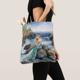 Tote Bag Sirène D'Aquarelle Sur Les Rochers Océaniques