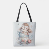 Tote Bag Sleeping Owl in Stacked Floral Teacups (Dos)