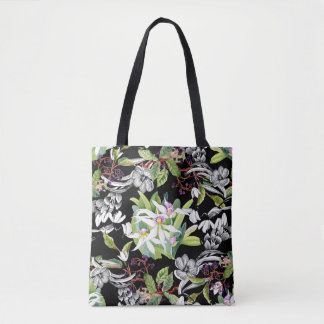 Tote Bag Snowdrops & Orchidées : Motif noir croisé