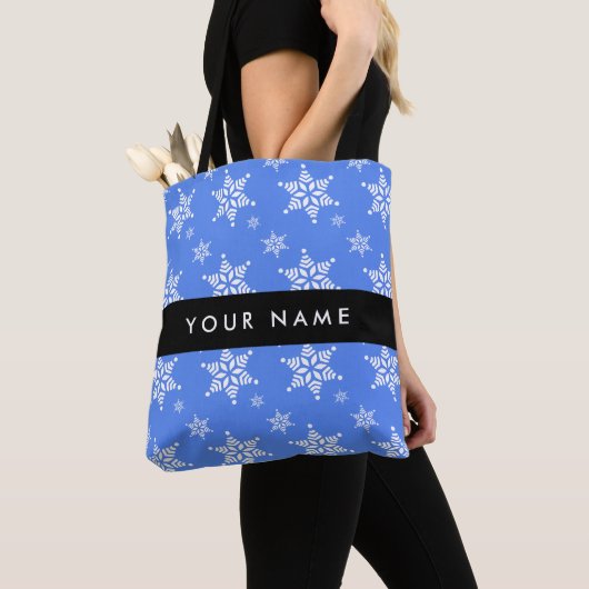 Tote Bag Snowflakes blanc, Bleu, Votre nom, Personnaliser (De près)