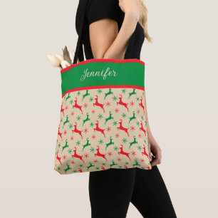 Tote Bag Snowflakes et rennes rouges et verts Personnalisés