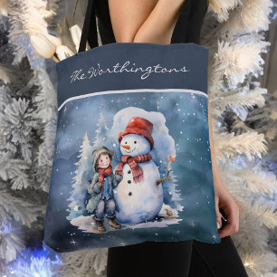 Tote Bag Snowman et garçon avec Écharpes Starry Night Monog