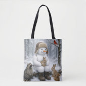 Tote Bag Snowman In Winter Woods With Animal Friends (Devant)