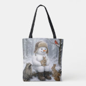 Tote Bag Snowman In Winter Woods With Animal Friends (Dos)