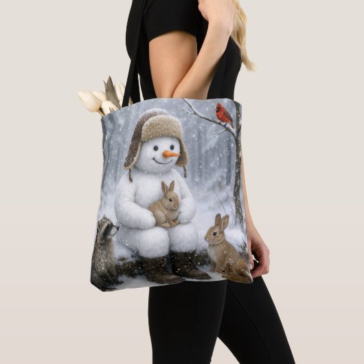 Tote Bag Snowman In Winter Woods With Animal Friends (De près)