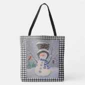 Tote Bag Snowman mignon Avec Cardinal Sur Buffle Noir Plaid (Devant)