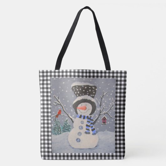 Tote Bag Snowman mignon Avec Cardinal Sur Buffle Noir Plaid (Devant)