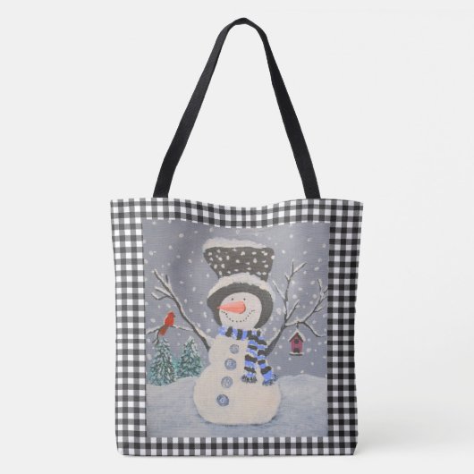 Tote Bag Snowman mignon Avec Cardinal Sur Buffle Noir Plaid (Dos)