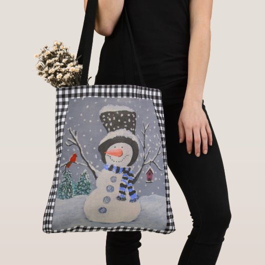 Tote Bag Snowman mignon Avec Cardinal Sur Buffle Noir Plaid (De près)