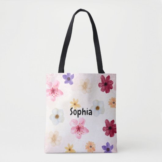 Tote Bag Soft Watercolor Floral Personalized Name (Devant)