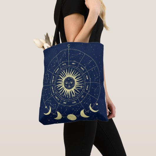 Tote Bag Soleil Céleste Phases de Lune Zodiaque (De près)