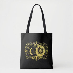 Tote Bag Soleil et Lune mystique en or