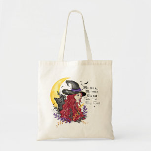 Tote Bag Sorcière, chat noir et lune de croissant