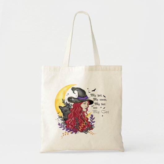 Tote Bag Sorcière, chat noir et lune de croissant (Devant)