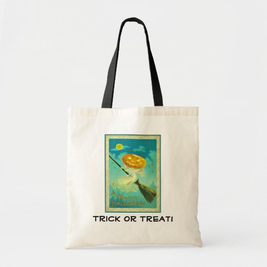 Tote Bag Sorcière citrouille sur Broom Trick ou Treat Canva (Devant)