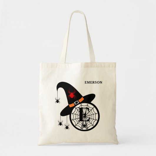 Tote Bag Sorcière d'Halloween Araignée Monogramme E Nom per (Devant)