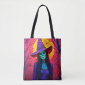 Tote Bag Sorcière d'Halloween avec conception de visage crâ (Devant)