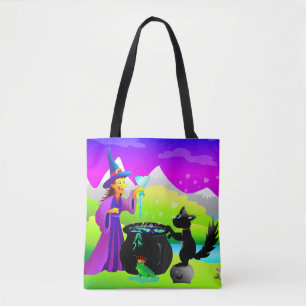 Tote Bag Sorcière d'Halloween avec potion magique et chat n