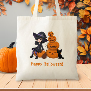 Tote Bag Sorcière d'Halloween, chat noir et citrouilles