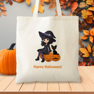 Tote Bag Sorcière d'Halloween, Chat Noir et Citrouilles Cou