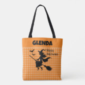 Tote Bag Sorcière d'Halloween & Chauves-souris Orange Plaid (Dos)