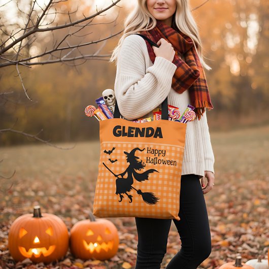 Tote Bag Sorcière d'Halloween & Chauves-souris Orange Plaid
