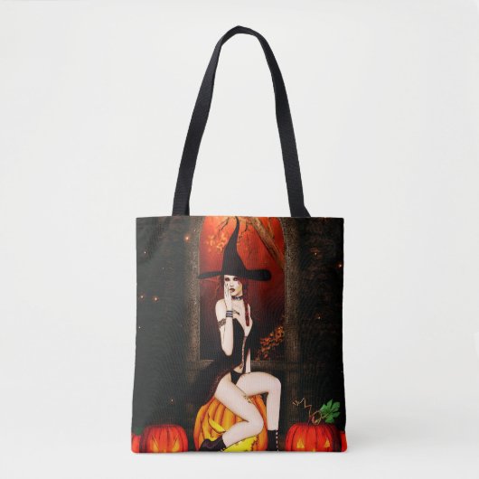 Tote Bag Sorcière d'Halloween et citrouille (Devant)