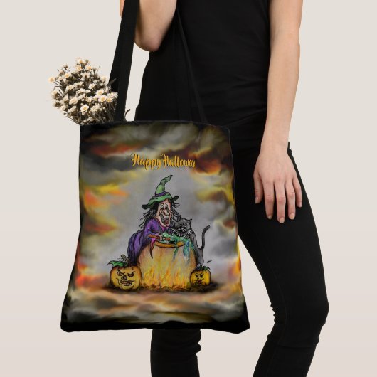 Tote Bag Sorcière et chat noir, Happy Halloween ! (De près)