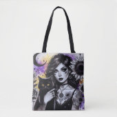 Tote Bag Sorcière gothique céleste et chat noir (Devant)