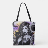 Tote Bag Sorcière gothique céleste et chat noir (Dos)