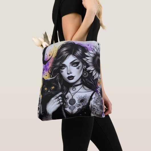 Tote Bag Sorcière gothique céleste et chat noir (De près)