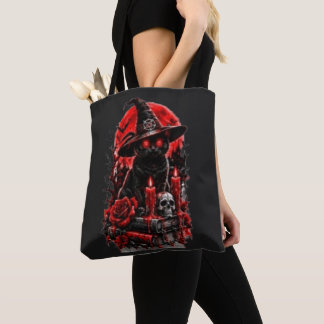 Tote Bag Sorcière gothique chat noir Halloween crâne bougie