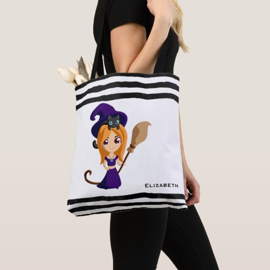 Tote Bag Sorcière mignonne en Casquette violet Halloween (De près)