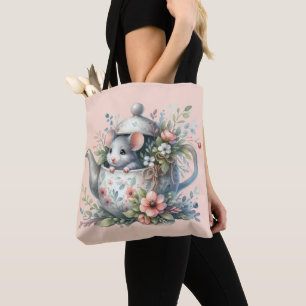 Tote Bag Souris mignonne en théière florale Illustration
