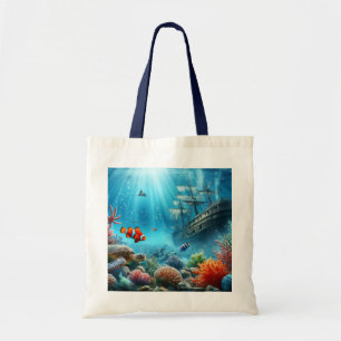 Tote Bag Sous la mer, tortue, corail, bateau, poisson clown