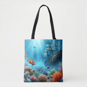 Tote Bag Sous la mer, tortue, corail, bateau, poisson clown