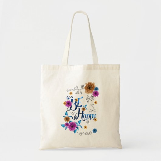 Tote Bag Soyez heureux Quote Positive Bleu Purple Or Fleurs (Devant)