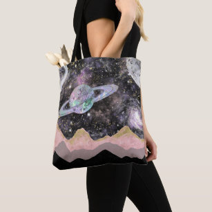 Tote Bag Space Mountains Gold Starry Sky Galaxy Planètes