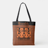 Tote Bag Spooky Season Skeleton Trio Orange & Black Plaid (Dos)