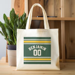 Tote Bag Sports Team Football Jersey Nom personnalisé Numér<br><div class="desc">Ajoutez votre nom et votre numéro favoris — Ce design de sports d'olive et d'or est parfait pour tout amateur professionnel,  universitaire ou lycéen. Vous pouvez même les réclamer pour votre équipe de football d'Imaginaire. Cliquez sur le bouton PERSONNALISER pour apporter d'autres modifications.</div>